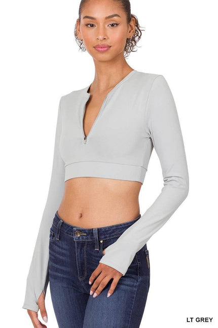  women light grey half zip crop top athletic gym outfit front view 