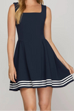 women coastal navy mini dress structured knit vacation outfit front view