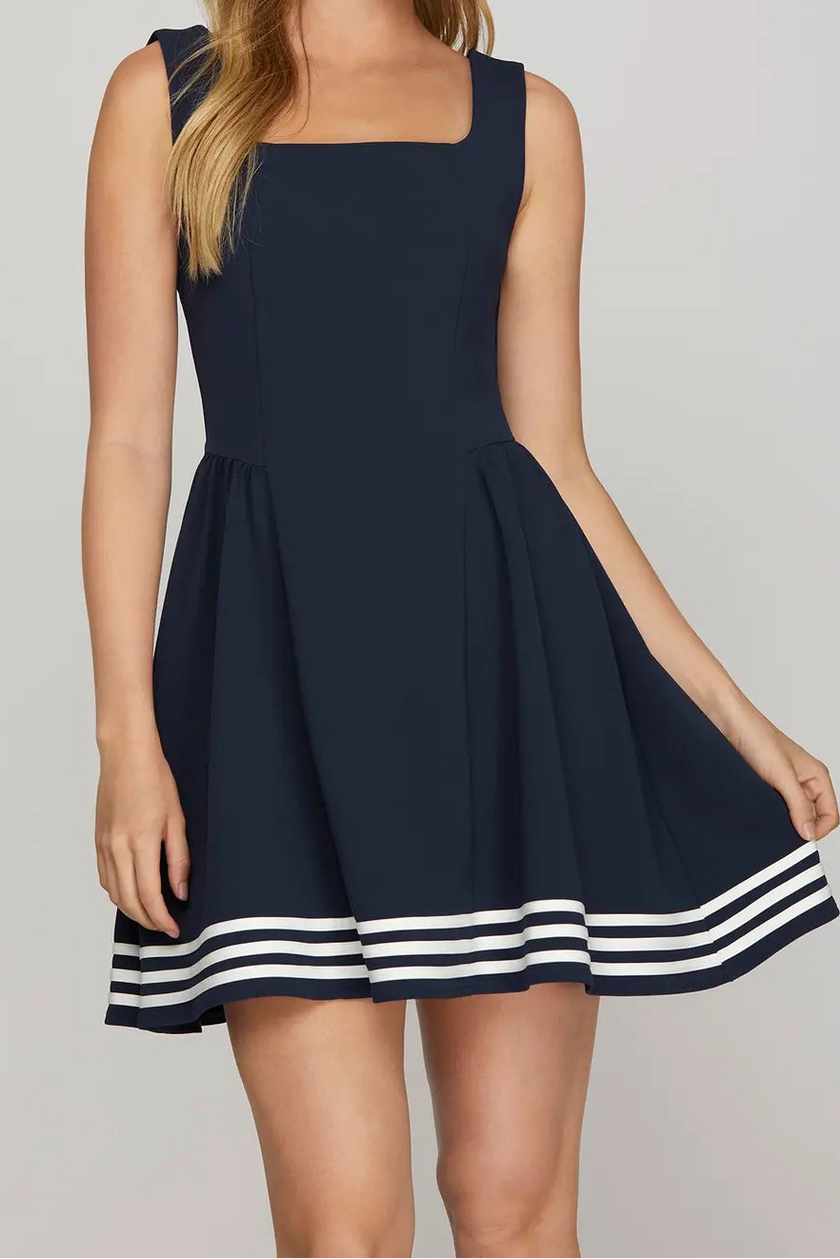 women coastal navy mini dress structured knit vacation outfit front view