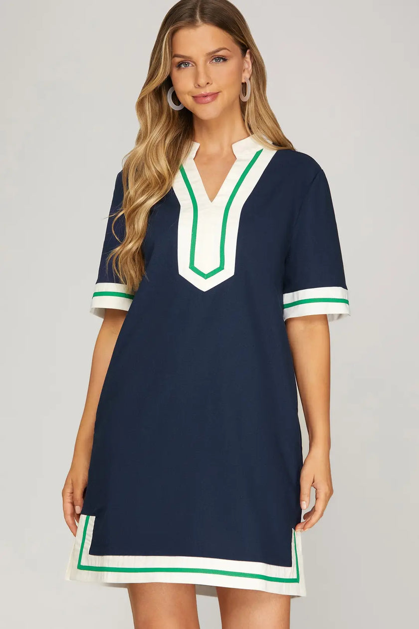 Coastal Classic Split Neck Linen Blend Dress with Contrast Trim & Pockets Cape Cod Fashionista Coastal Classic Split Neck Linen Blend Dress with Contrast Trim & Pockets Cape Cod Fashionista