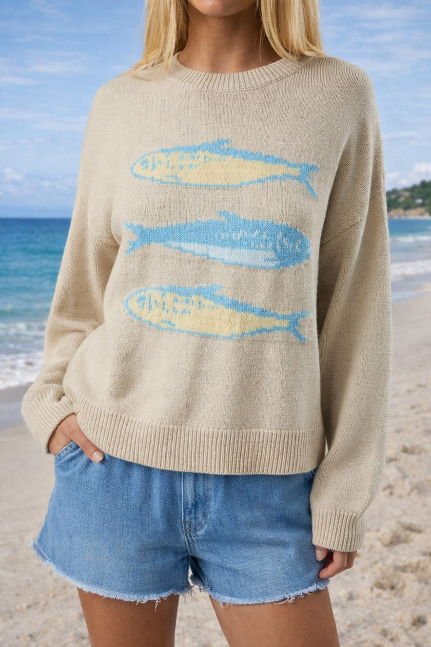 women beige sardine graphic knit sweater detail coastal design