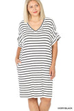 PLUS STRIPE ROLLED SHORT SLEEVE V-NECK DRESS