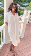 women white linen shirt dress side slit beach cover up side view