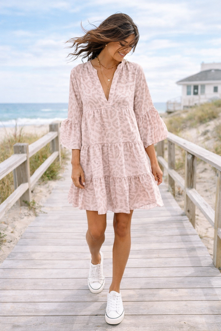 women’s blush pink leopard print babydoll dress boardwalk view