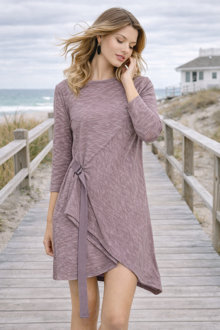 women’s mauve ribbed knit wrap dress boardwalk view