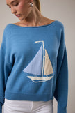 women blue sailboat boat neck sweater coastal vacation wear front view