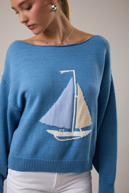 women blue sailboat boat neck sweater coastal vacation wear front view