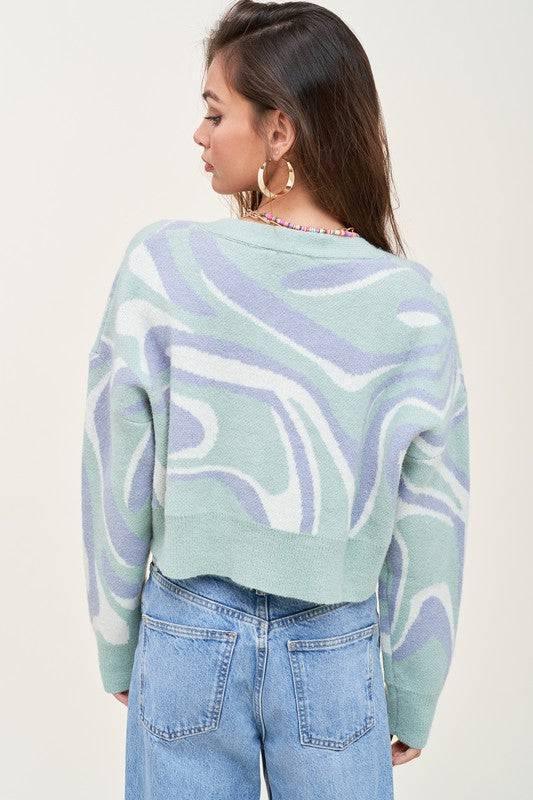 women mint green swirl crop cardigan casual fall front view