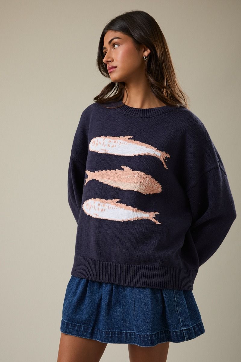 women navy nautical fish sweater coastal knit pullover beach vacation outfit relaxed fit