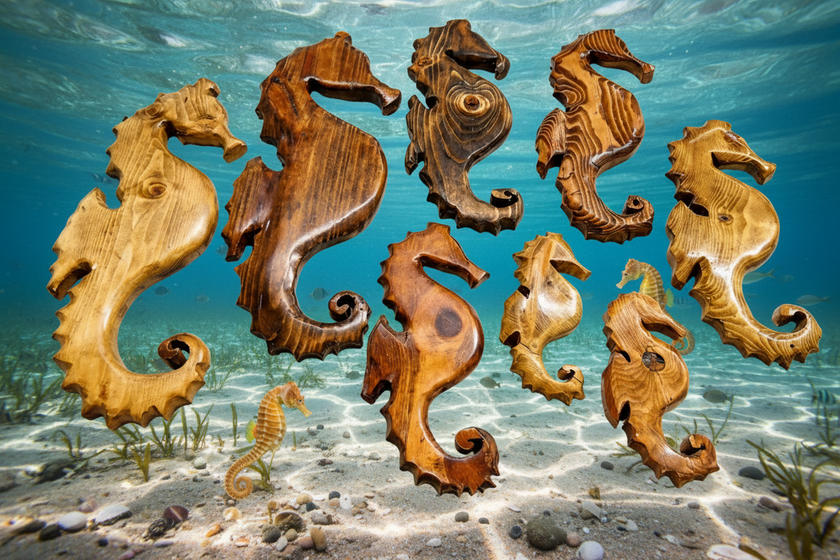 Wooden seahorse carvings on a textured white surface