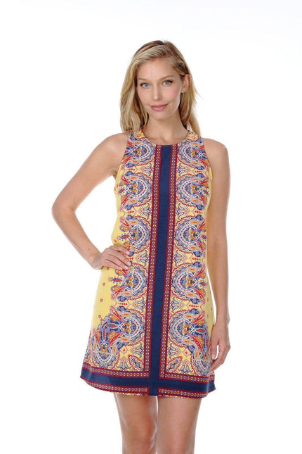women yellow paisley shift dress sleeveless summer vacation style front view