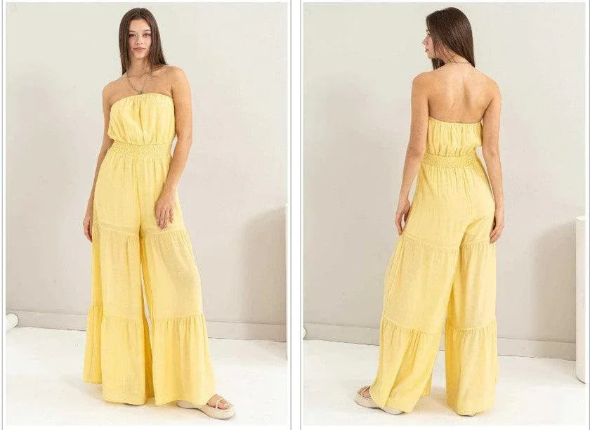 Serena’s Strapless Boho Textured Tiered Temptation Jumpsuit