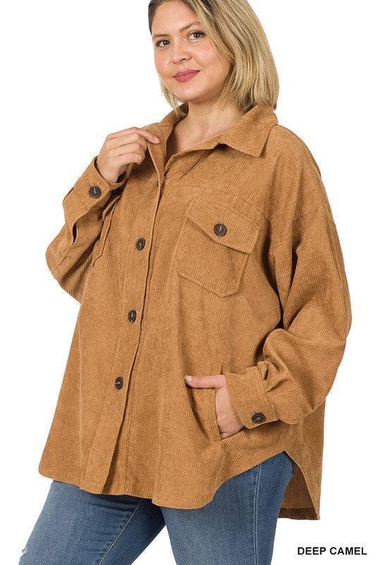 PLUS OVERSIZED CORDUROY BUTTON FRONT SHACKET