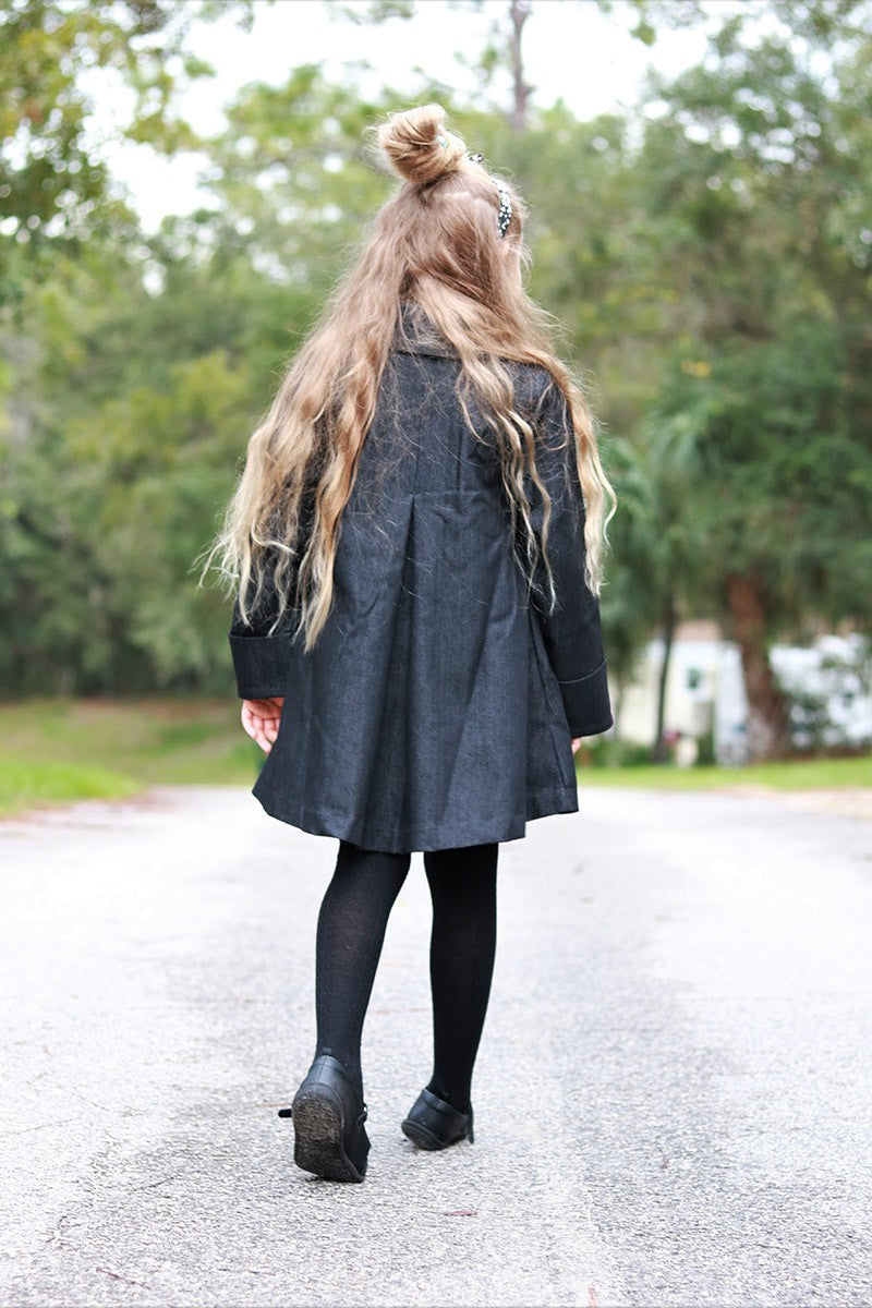 Girls Black Denim A-Line Fall Coat