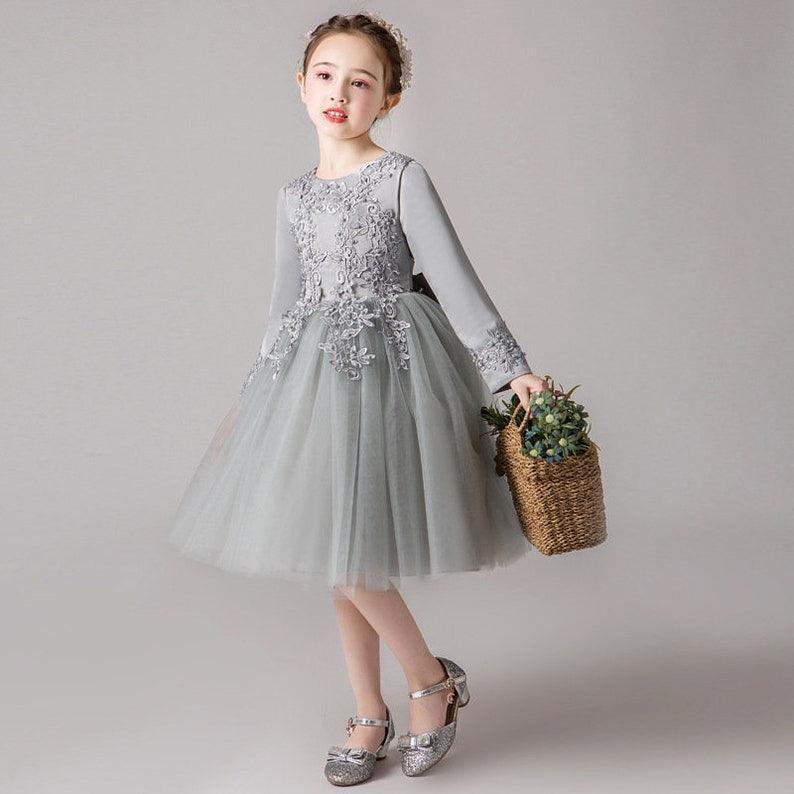 girls gray tulle flower girl dress long sleeve beaded bodice