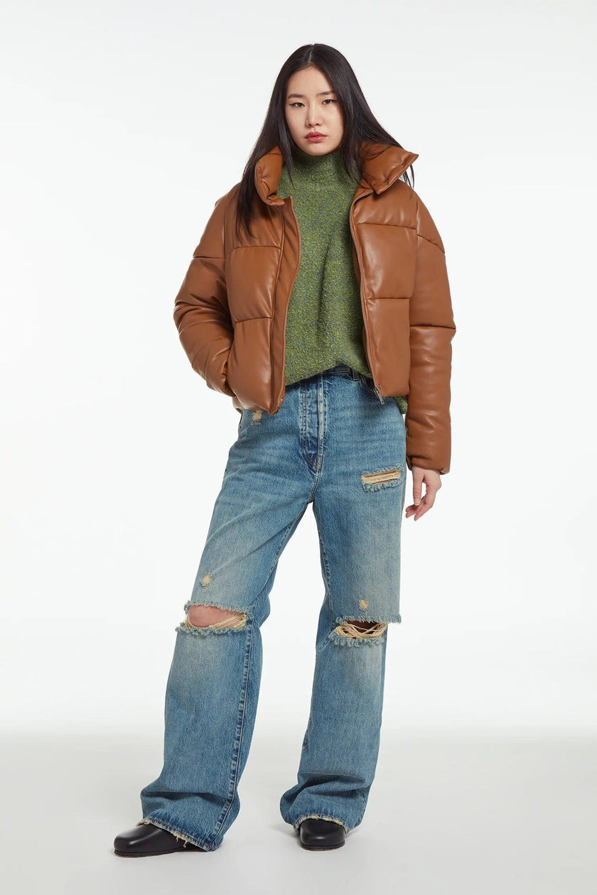 Women's Vegan Leather Mocha Puffer Jacket