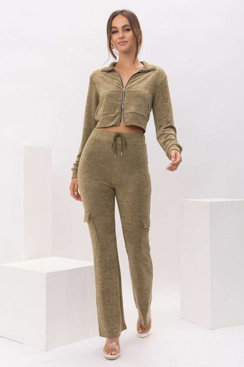 women olive lounge set jacket coastal casual styling